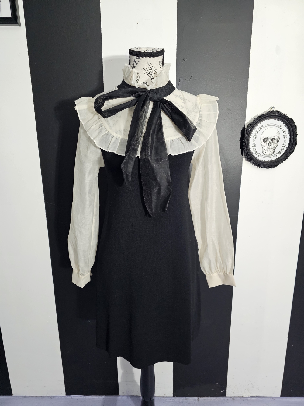 Zara Black Dress with Cream Ruffled Yoke and Black Bow